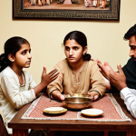 **A family sitting around a table, engaged in mediation.  An elder is gesturing calmly, while younger members listen attentively.  Warm, neutral colors with traditional Pakistani clothing.  Emphasis on peaceful resolution and family unity.**