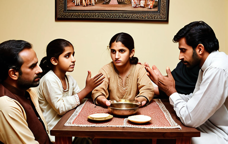**A family sitting around a table, engaged in mediation.  An elder is gesturing calmly, while younger members listen attentively.  Warm, neutral colors with traditional Pakistani clothing.  Emphasis on peaceful resolution and family unity.**