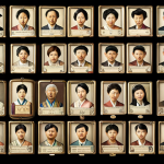 A detailed Korean Jokbo (family genealogy) showcasing generations of ancestors, emphasizing the importance of family history and Korean identity. The style should be reminiscent of traditional Korean art with subtle, respectful colors.