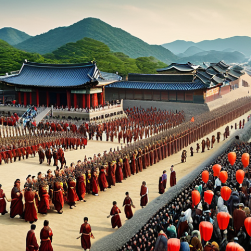 Home 21 ** A vibrant, artistic depiction of King Onjo establishing the capital city Hansong. Show a regal figure leading a procession of people near a river, with early Korean architecture taking shape in the background. Incorporate elements of Buddhist influence, showcasing early Baekje cultural identity. The scene should evoke a sense of hope and prosperity.
2. **
