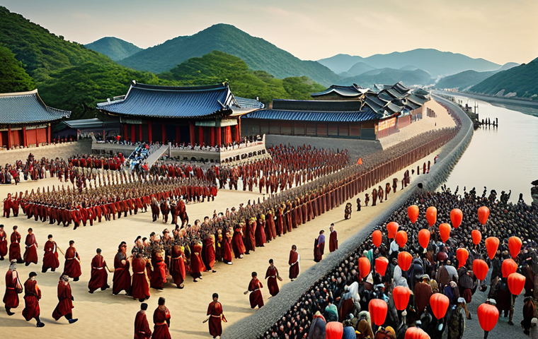 ** A vibrant, artistic depiction of King Onjo establishing the capital city Hansong. Show a regal figure leading a procession of people near a river, with early Korean architecture taking shape in the background. Incorporate elements of Buddhist influence, showcasing early Baekje cultural identity. The scene should evoke a sense of hope and prosperity.

2.  **