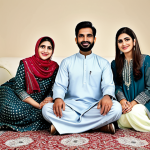 "A modern family in traditional Pakistani clothing, celebrating Eid al-Fitr in a beautifully decorated home, fully clothed, modest attire, safe for work, perfect anatomy, natural proportions, professional photography, high quality."