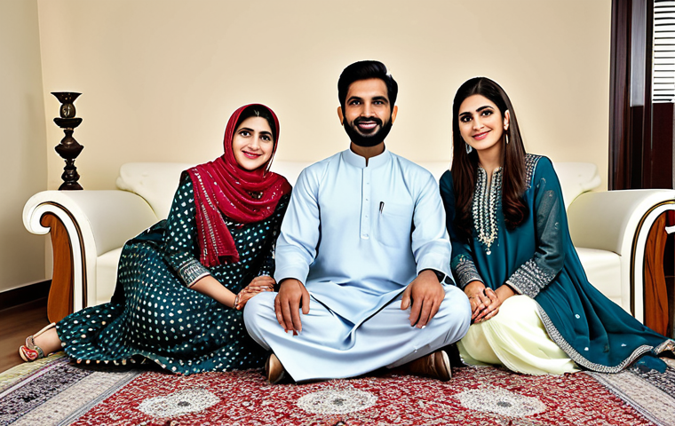 "A modern family in traditional Pakistani clothing, celebrating Eid al-Fitr in a beautifully decorated home, fully clothed, modest attire, safe for work, perfect anatomy, natural proportions, professional photography, high quality."